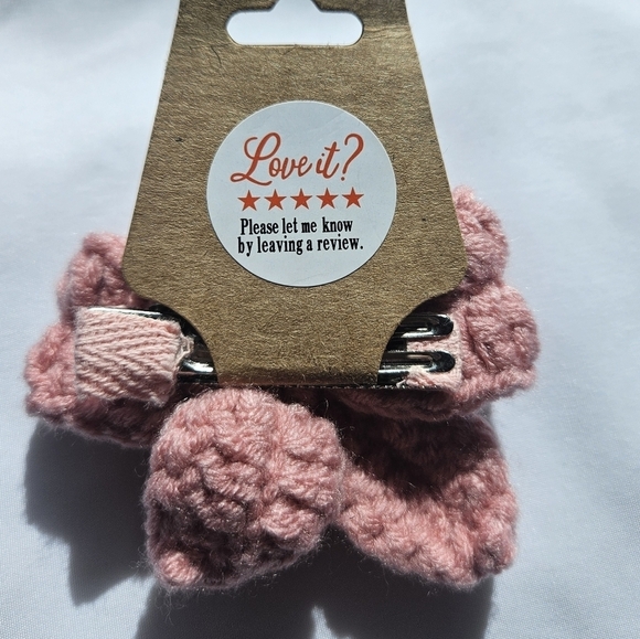 Hand Crafted Crochet Bow Hair Clip Pale Pink Alligator Clip Silk Ribbon Flower - Picture 6 of 17